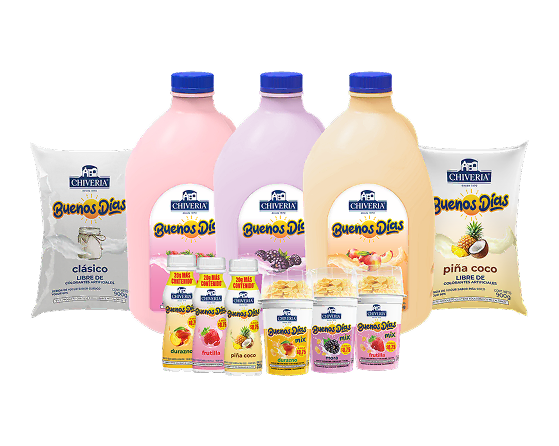Bodegón de productos Chiveria línea Buenos Días con todos los sabores y formatos: frutilla, mora, durazno, piña coco y clásico en presentaciones de botella, funda, vaso y mix