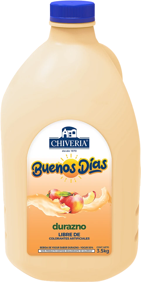 Packshot de yogurt Buenos Días Chiveria sabor durazno en presentación de 3.5kg.