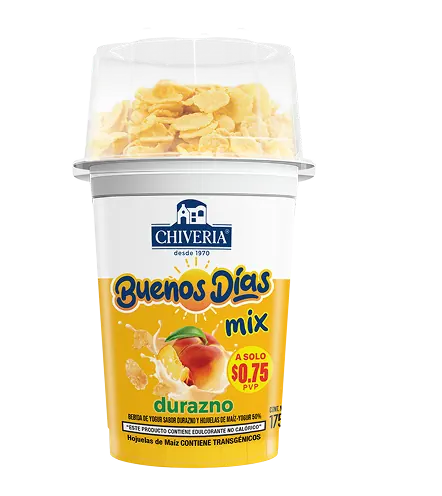 Packshot de yogurt Buenos Días Mix Chiveria sabor durazno en presentación de 175g con hojuelas de maíz.