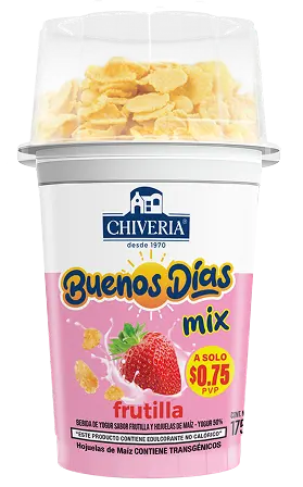 Packshot de yogurt Buenos Días Mix Chiveria sabor frutilla con hojuelas de maíz, presentación de 175g.