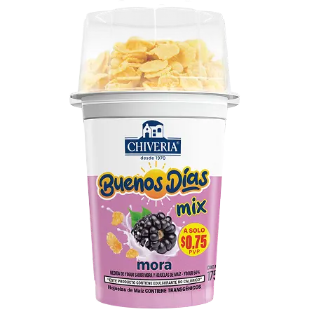 Packshot de yogurt Buenos Días Mix Chiveria sabor mora con cereal en presentación de 175g.
