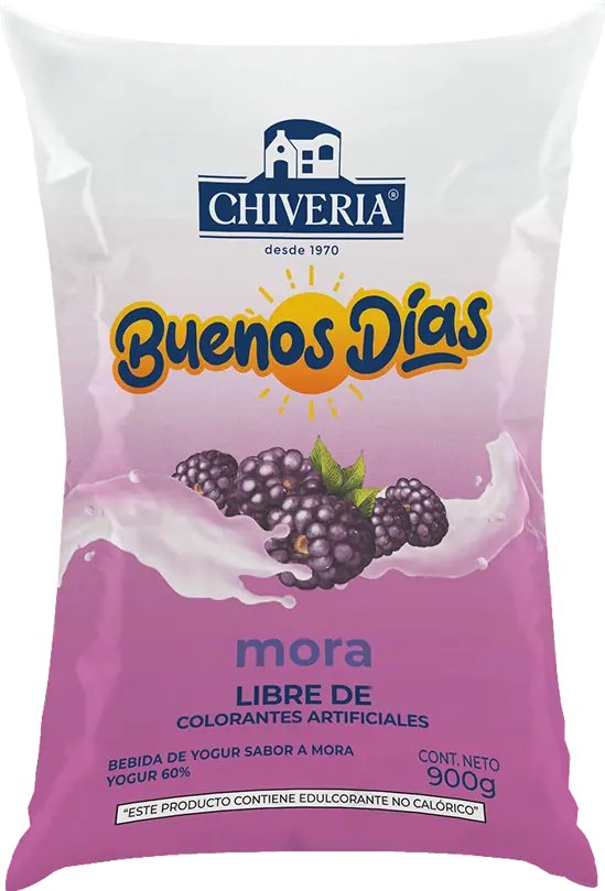 Packshot de yogurt Buenos Días Chiveria sabor mora en funda de 900g.
