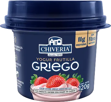 Packshot del yogurt griego Chiveria sabor frutilla en presentación de 120g con 11g de proteína y fibra natural