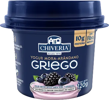 Packshot del yogurt griego Chiveria sabor mora y arándano en presentación de 120g con 10g de proteína y fibra natural
