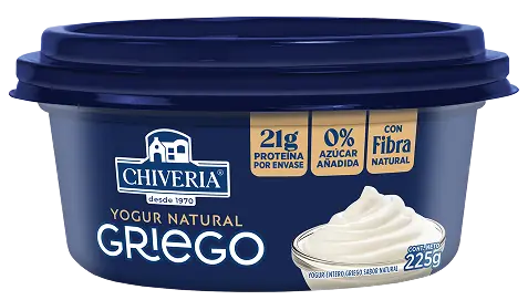 Packshot del yogurt griego natural de Chiveria en presentación de 225g con 21g de proteína, fibra natural y 0% azúcar añadida