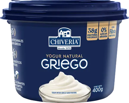 Packshot del yogurt griego natural de Chiveria en presentación de 400g con 38g de proteína, fibra natural y 0% azúcar añadida