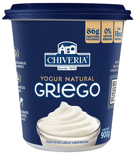 Packshot del yogurt griego natural de Chiveria en presentación de 900g con 86g de proteína, fibra natural y 0% azúcar añadida