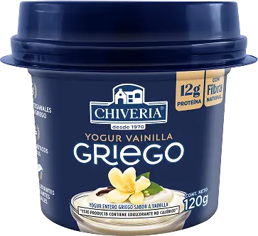 Packshot del yogurt griego Chiveria sabor vainilla en presentación de 120g con 12g de proteína y fibra natural