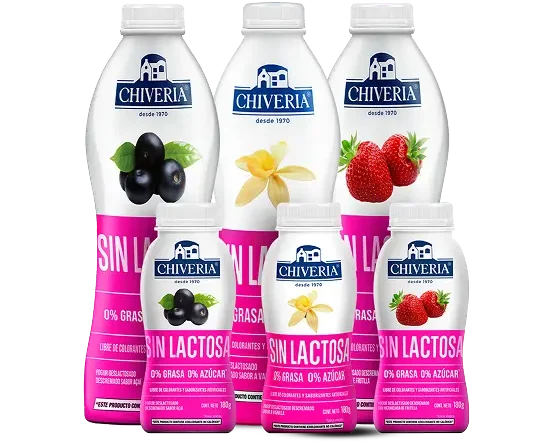 Línea de yogures Chiveria sin lactosa con 0% grasa y 0% azúcar en sabores frutales y presentación de botella