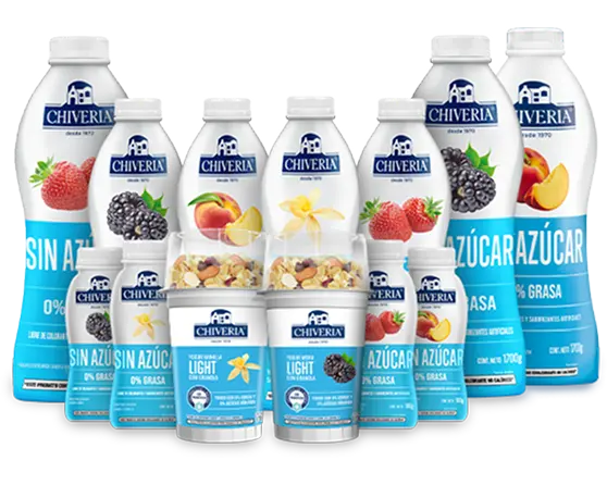 Línea de productos Chiveria sin azúcar añadida en presentaciones light, con botellas y vasos variados